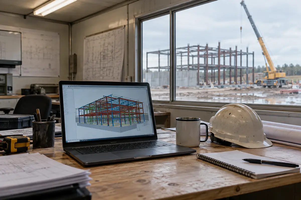 Laptop showing a 3D building model on a desk in a site trailer
