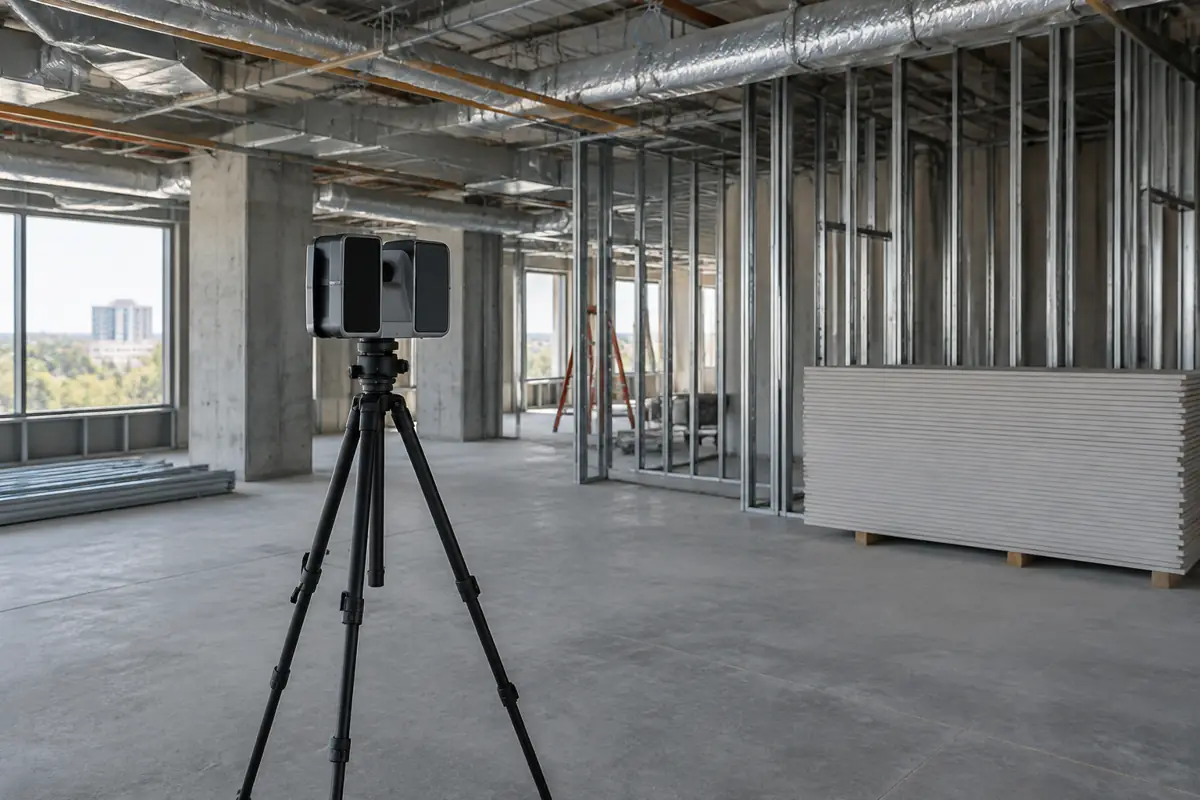 Laser scanner on a tripod in an unfinished commercial interior