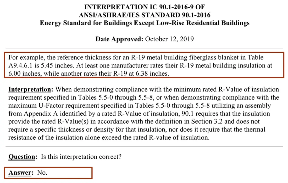 ASHRAE interpretation IC 90.1-2016-9 with the R-19 5.45 inch reference thickness and the answer No boxed