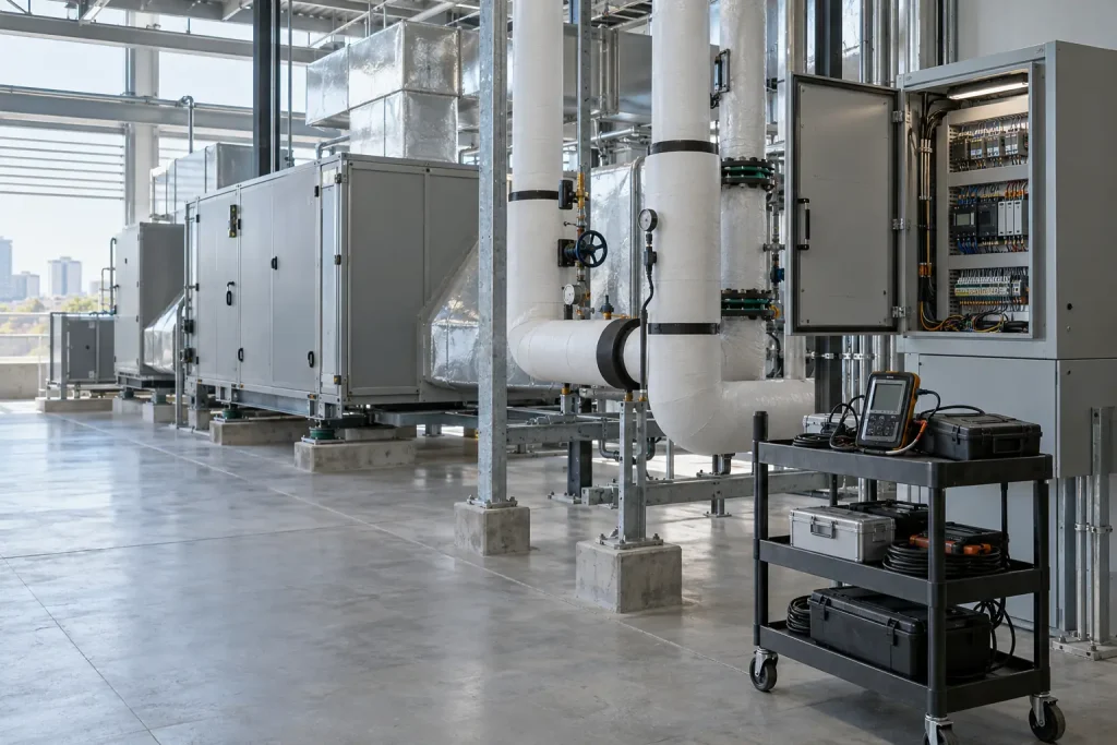 Mechanical penthouse with air handling units and an open control panel ready for testing