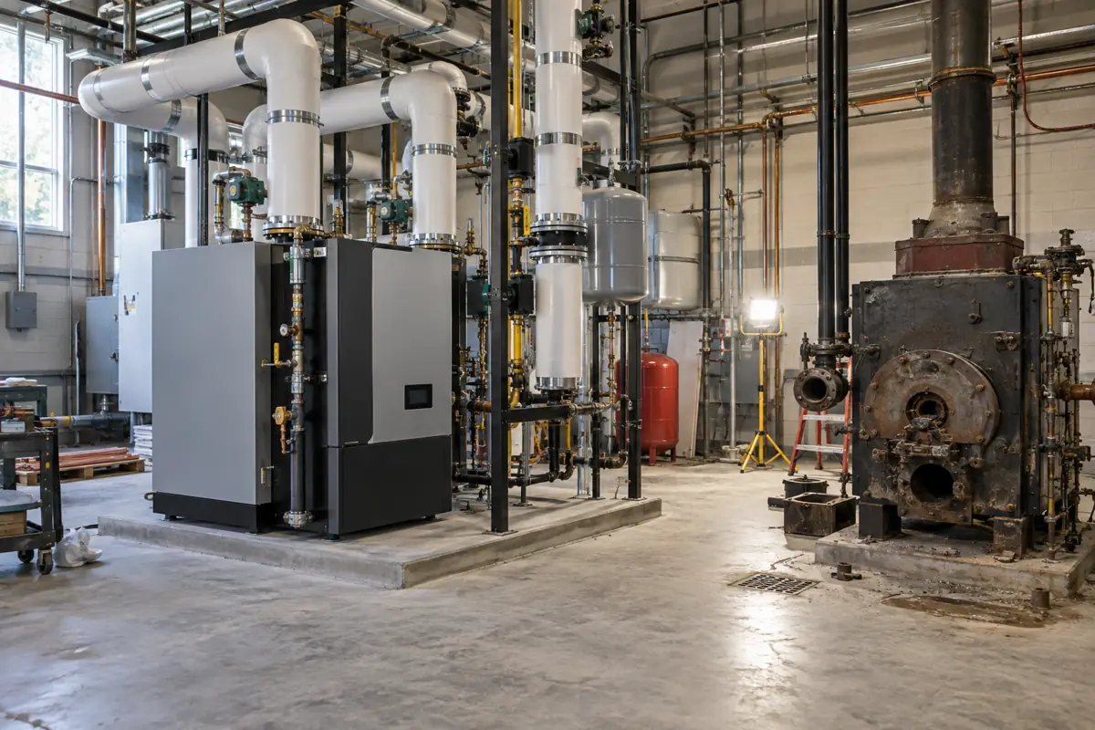 Boiler room retrofit with new high-efficiency equipment next to an old boiler