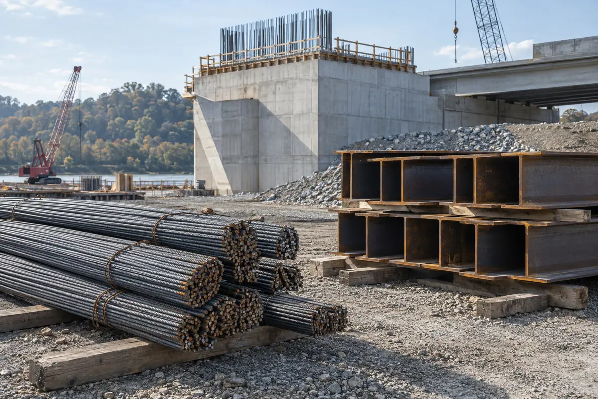 Stacked rebar bundles and steel beams at a public works construction site