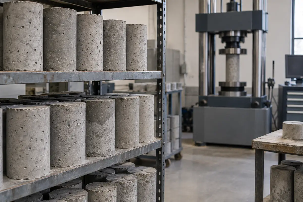 Rack of concrete test cylinders in a materials testing laboratory