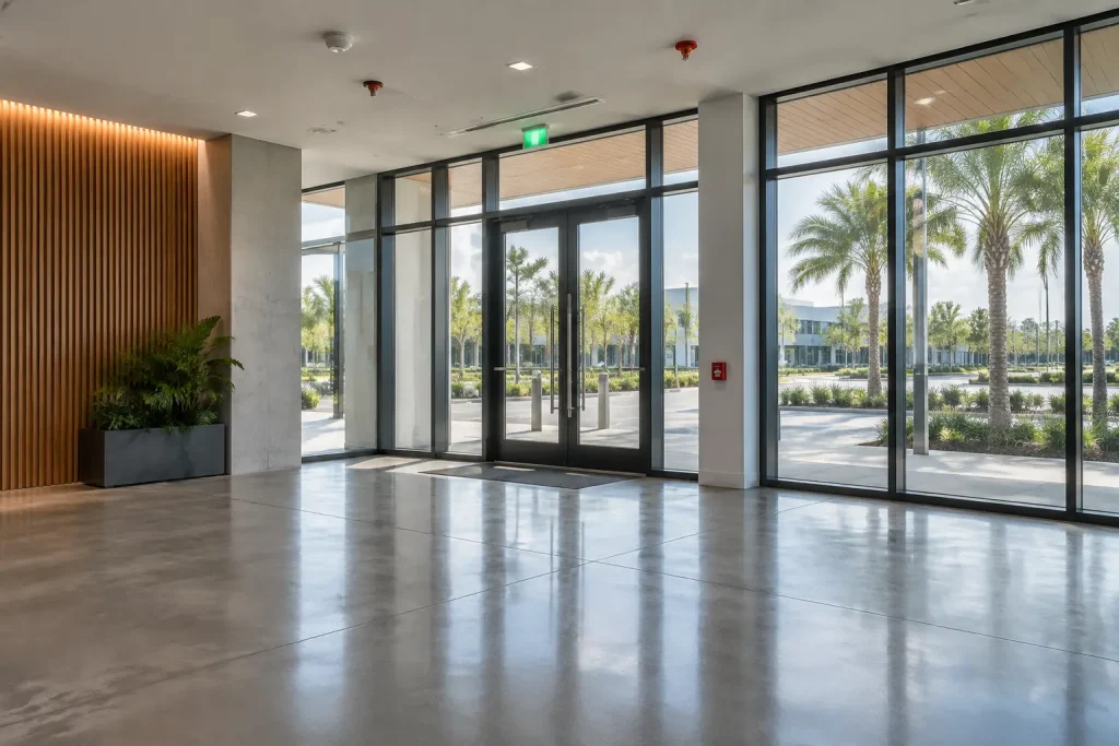 Newly finished commercial lobby with sprinkler heads and egress lighting, ready for final inspection
