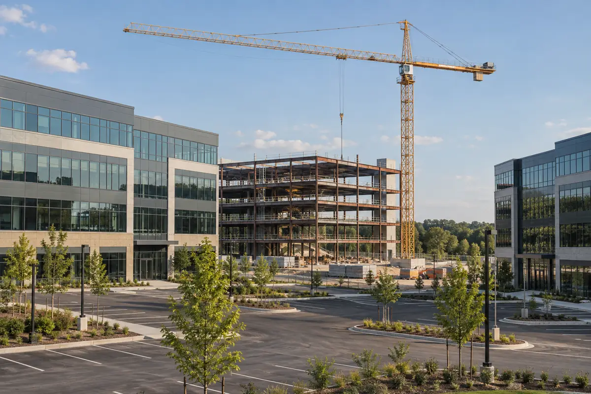 Tower crane over a steel-framed office building under construction in a suburban office park.