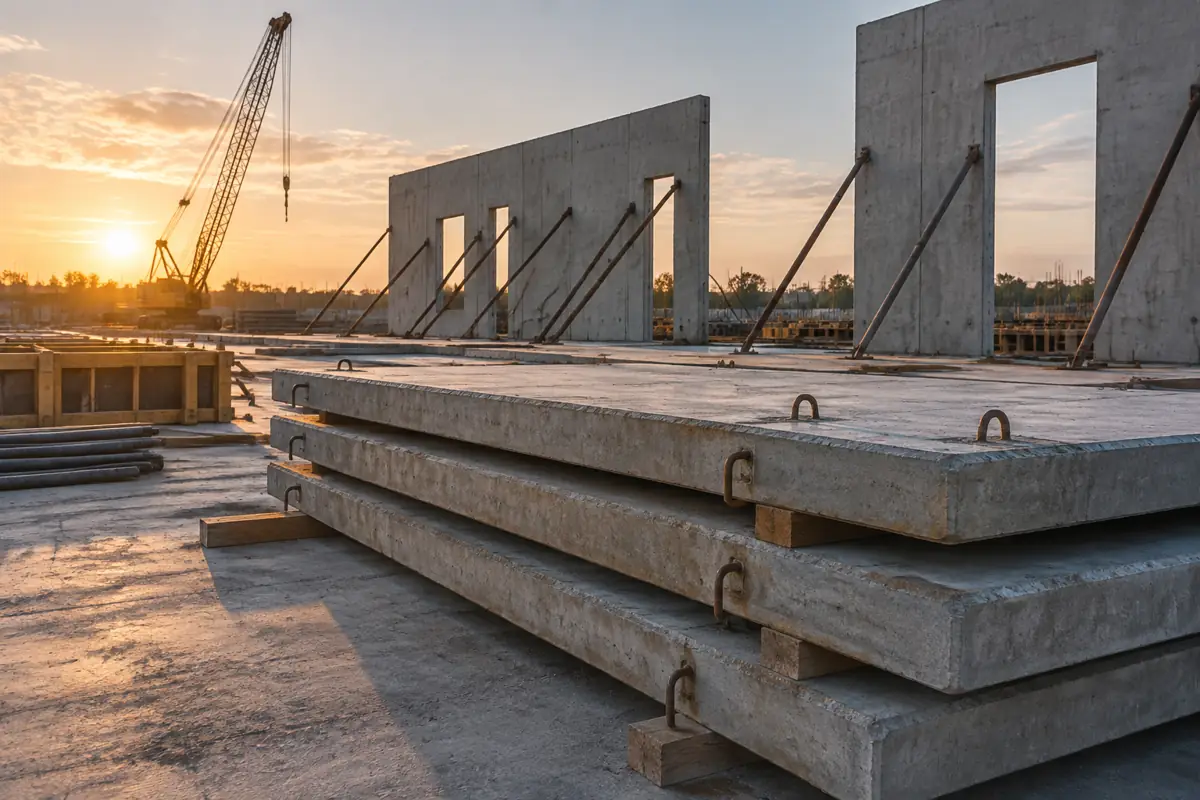 Stack of concrete tilt-up wall panels on a building slab at sunrise.