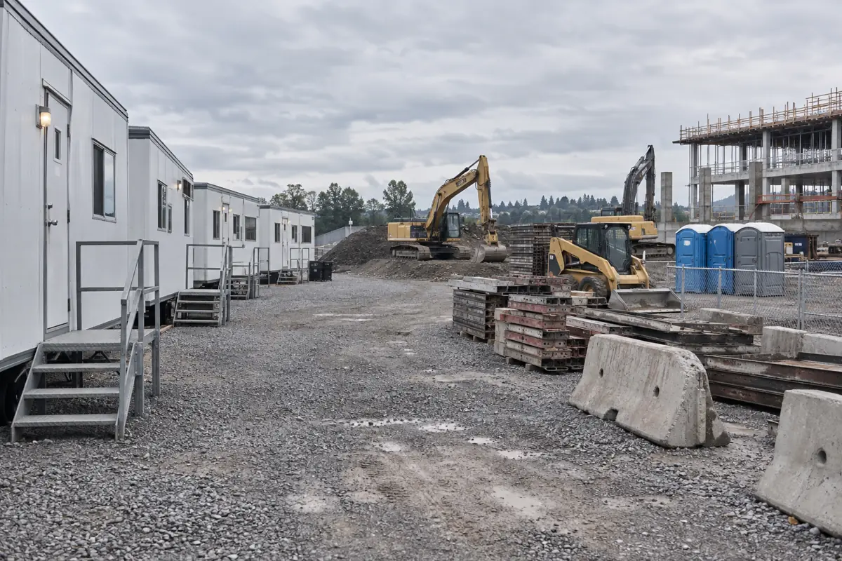 Row of contractor job trailers next to an equipment yard with excavators and stacked formwork.
