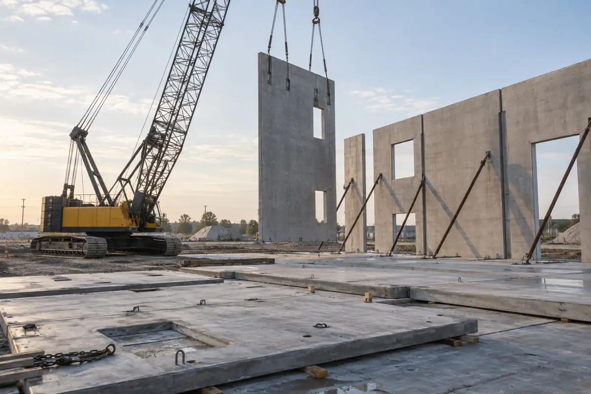Tilt-up concrete wall panel being lifted by a crane on a warehouse construction slab.