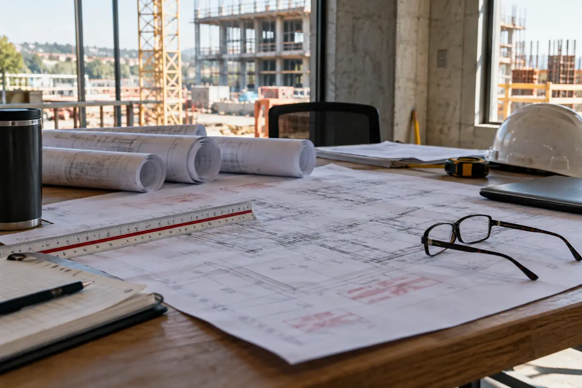 Plan review table with stamped construction drawings
