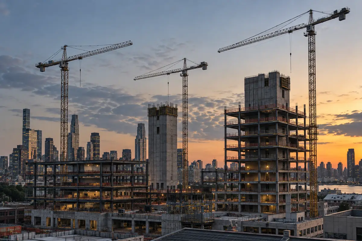 City skyline with tower cranes over commercial buildings under construction