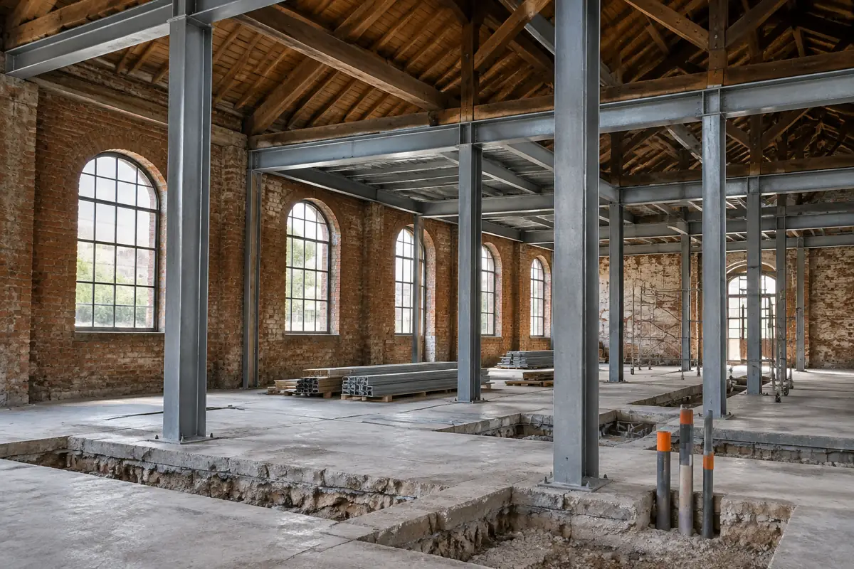 New steel framing installed inside an old brick warehouse during a conversion.