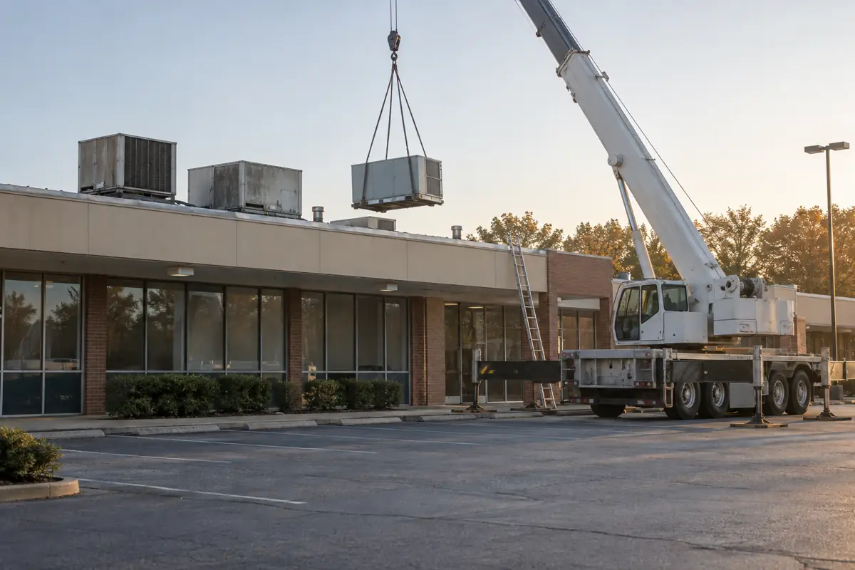 A crane lifting a new rooftop HVAC unit onto a mid-century strip retail center.