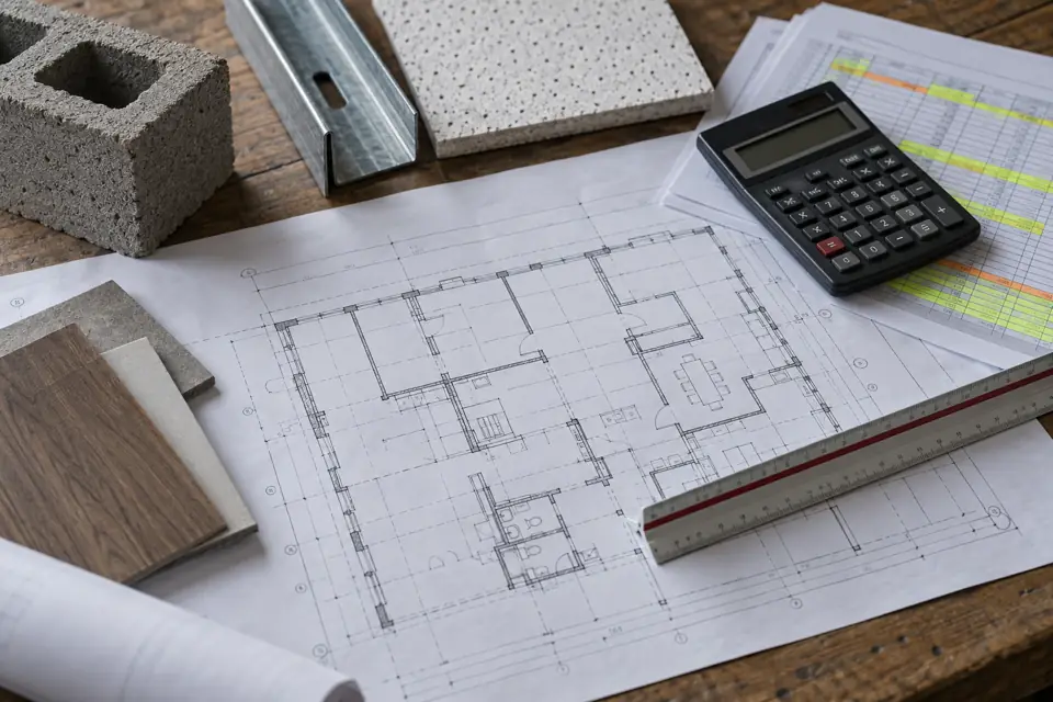 Floor plan, scale ruler and calculator on a construction estimating desk