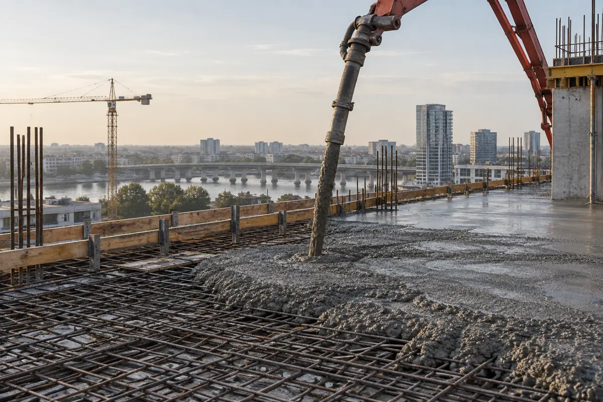 Fresh concrete flowing from a pump boom onto a reinforced commercial floor slab.