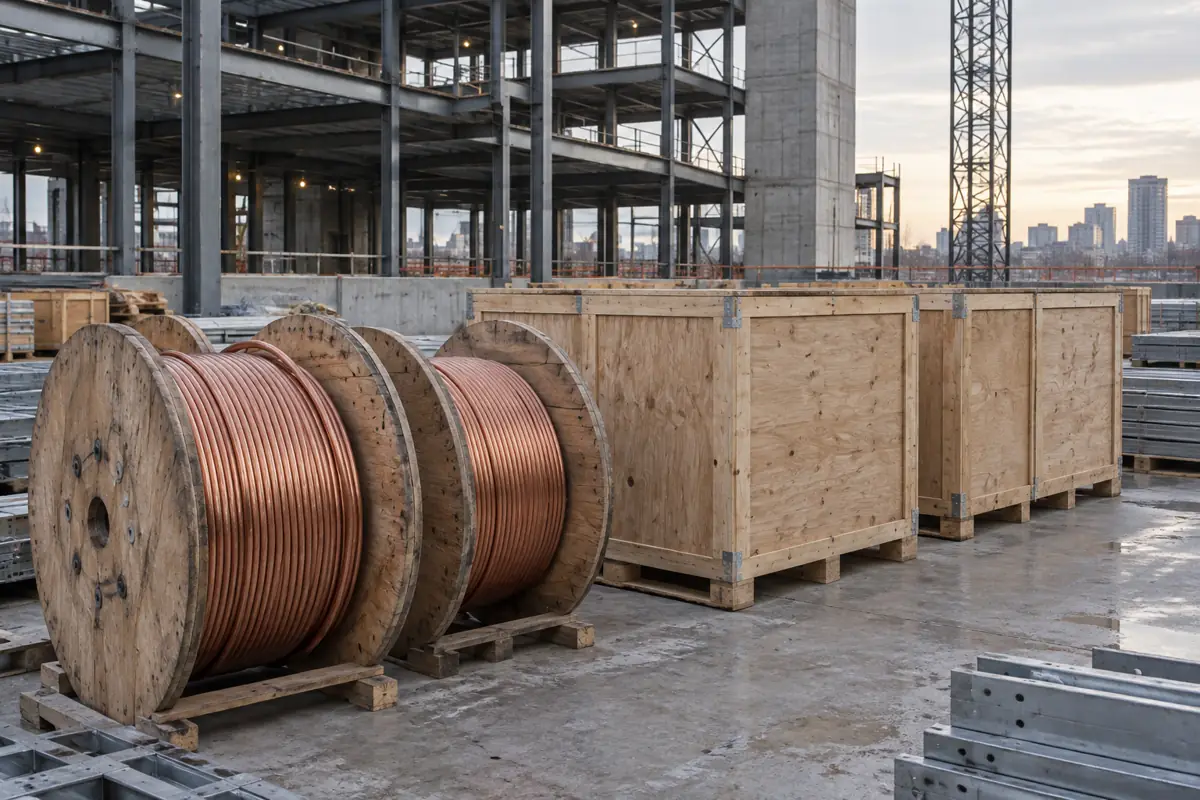 Reels of copper cable next to crated electrical switchgear on a building site.