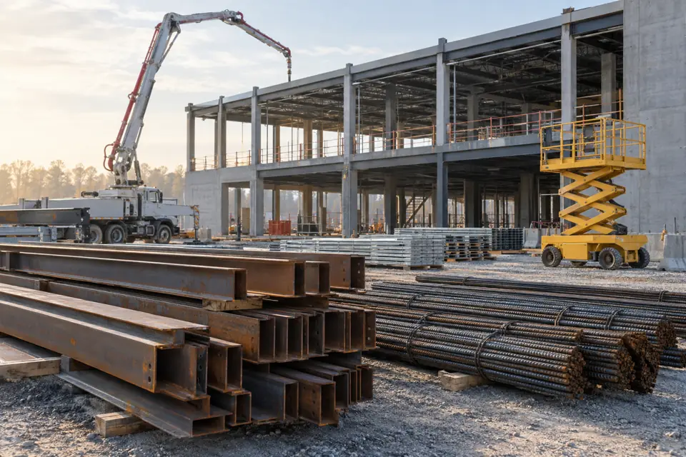 Structural steel and rebar staged on a commercial jobsite