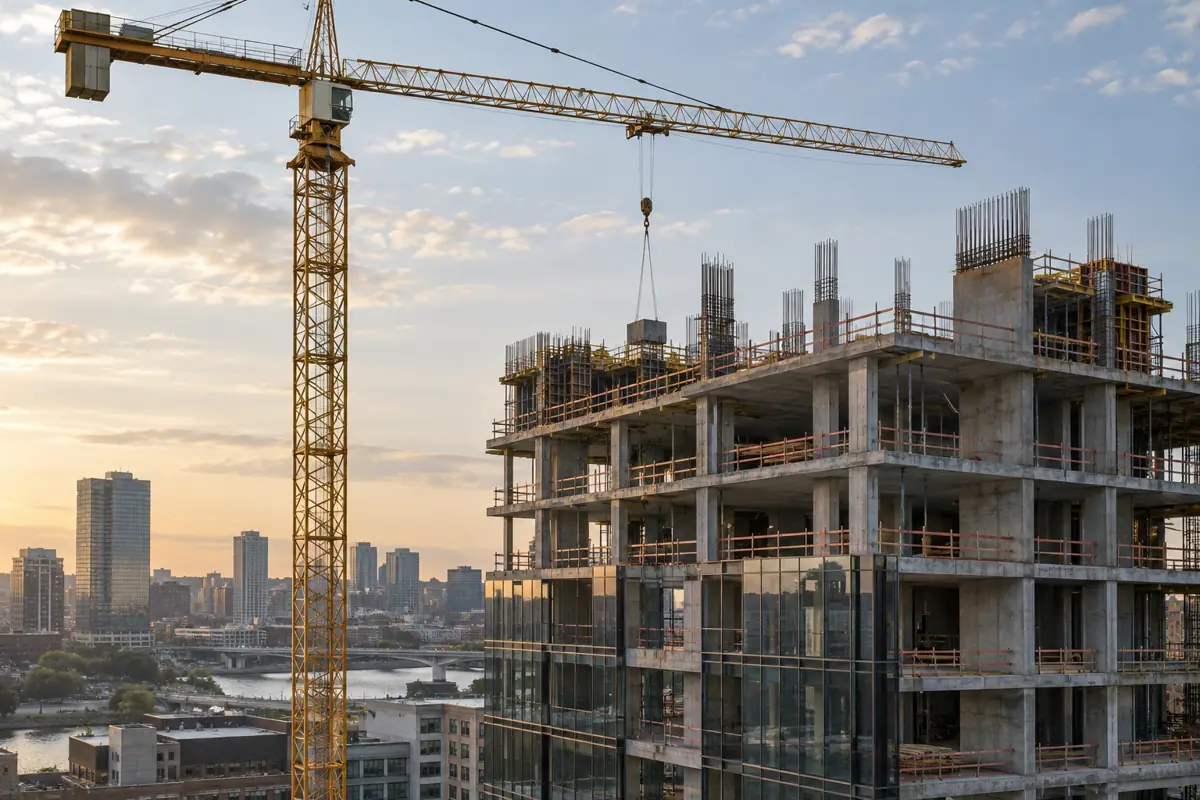 Tower crane above a partially completed office building with exposed concrete floors.