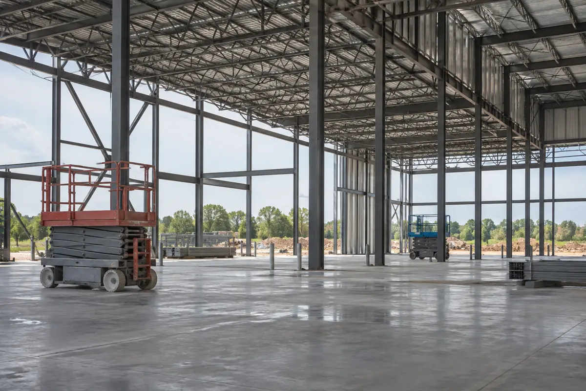 Steel columns and roof trusses inside a manufacturing plant under construction.