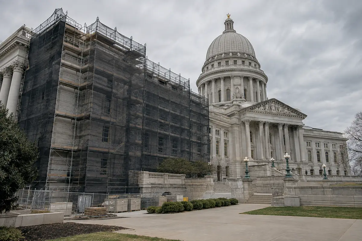 Stone capitol-style building exterior with scaffolding