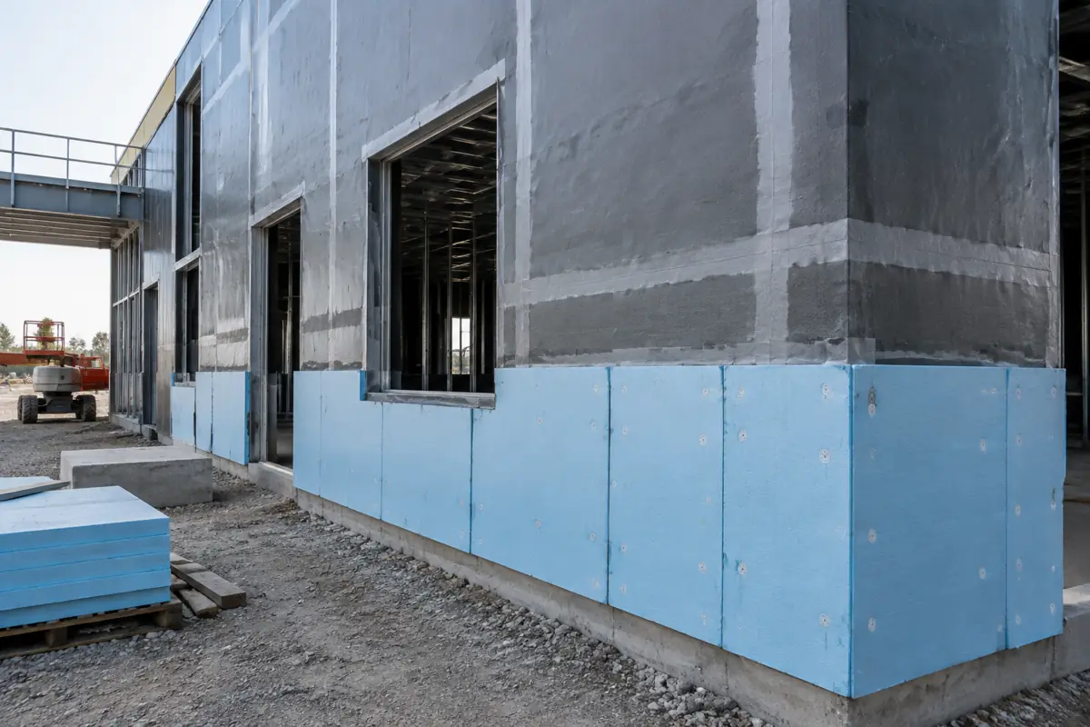 Insulation and air barrier on a commercial wall under construction
