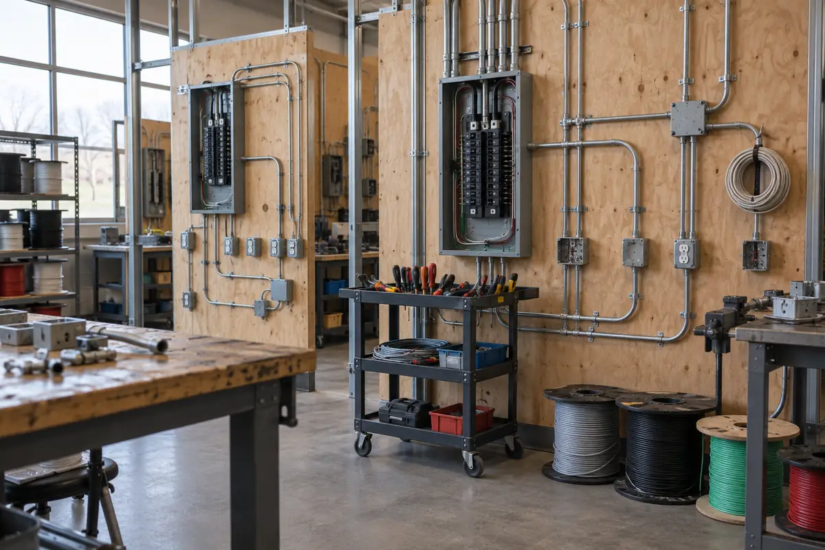 Electrical training panels with conduit and breaker boxes in an apprenticeship lab