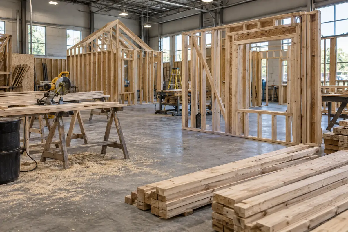 Wood-framed mock-up walls and roof truss in a carpentry training shop