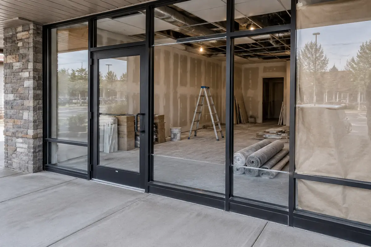 Small storefront office under fit-out with bare drywall, a ladder and stacked boxes