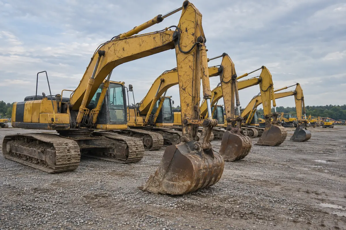 Row of used excavators lined up on a gravel lot
