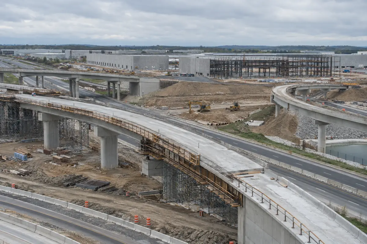 Highway interchange expansion beside logistics warehouses under construction