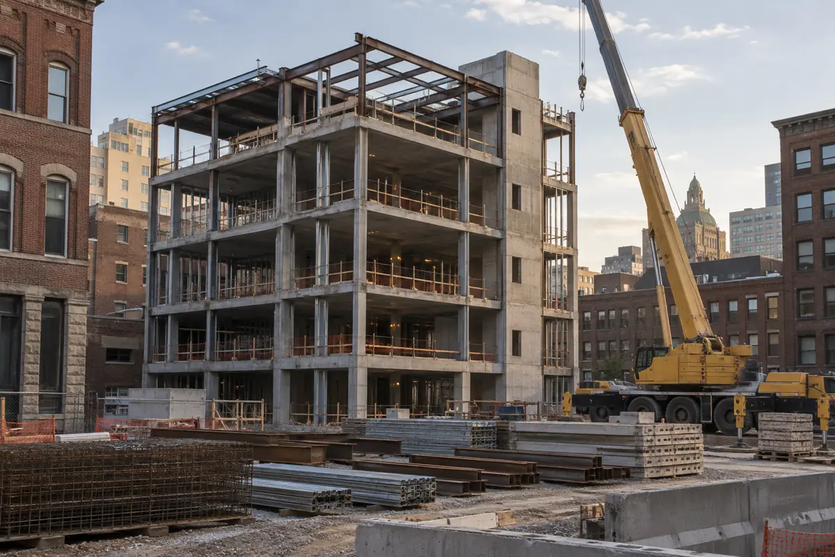 Infill construction site between older brick buildings in a mid-size city downtown