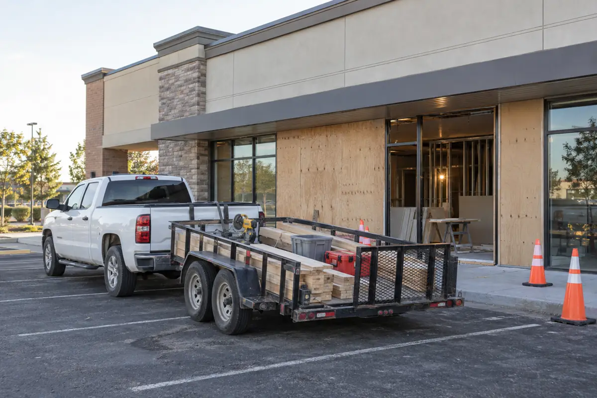 Pickup truck and utility trailer parked outside a strip-center storefront being renovated by a small contractor.