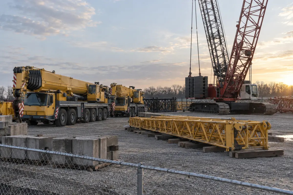 Crane yard with folded mobile cranes and lattice boom sections on timber blocks.