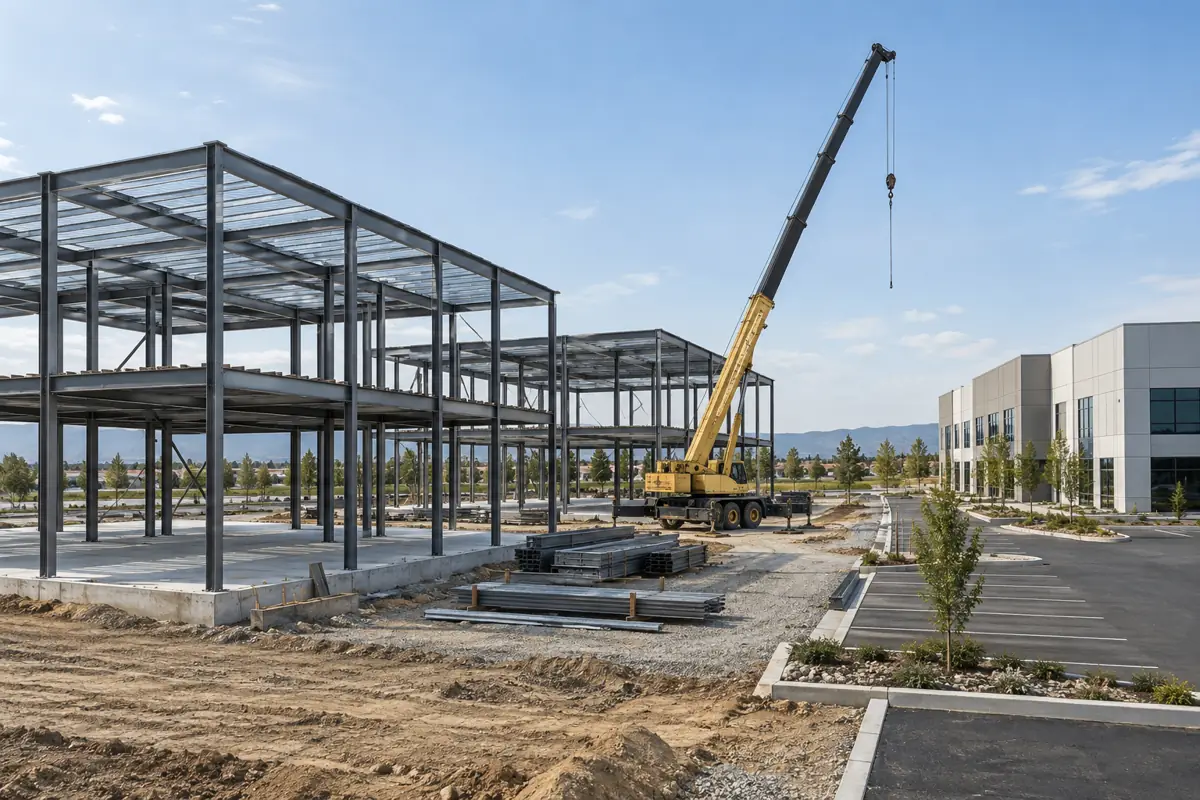 Structural steel frames for two low-rise buildings under construction in a suburban business park.