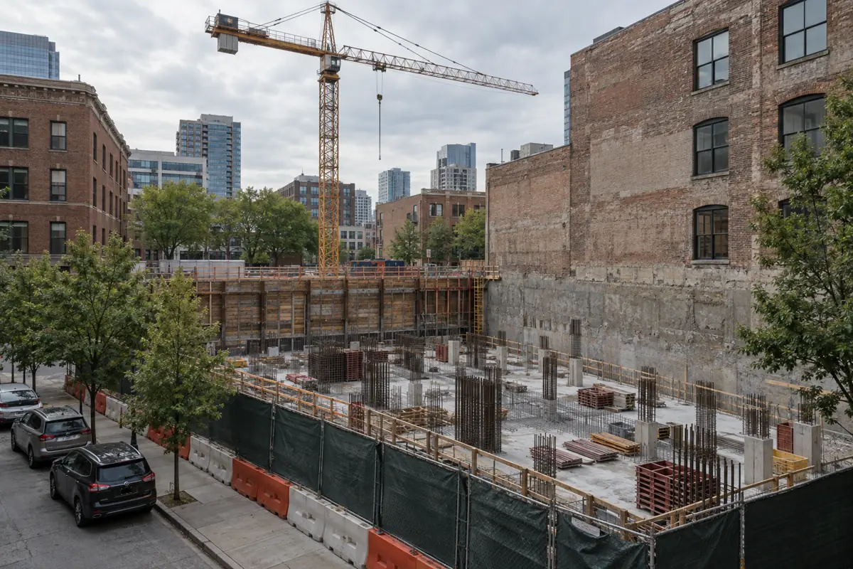 Downtown infill construction site with foundation rebar and a tower crane between older brick buildings.