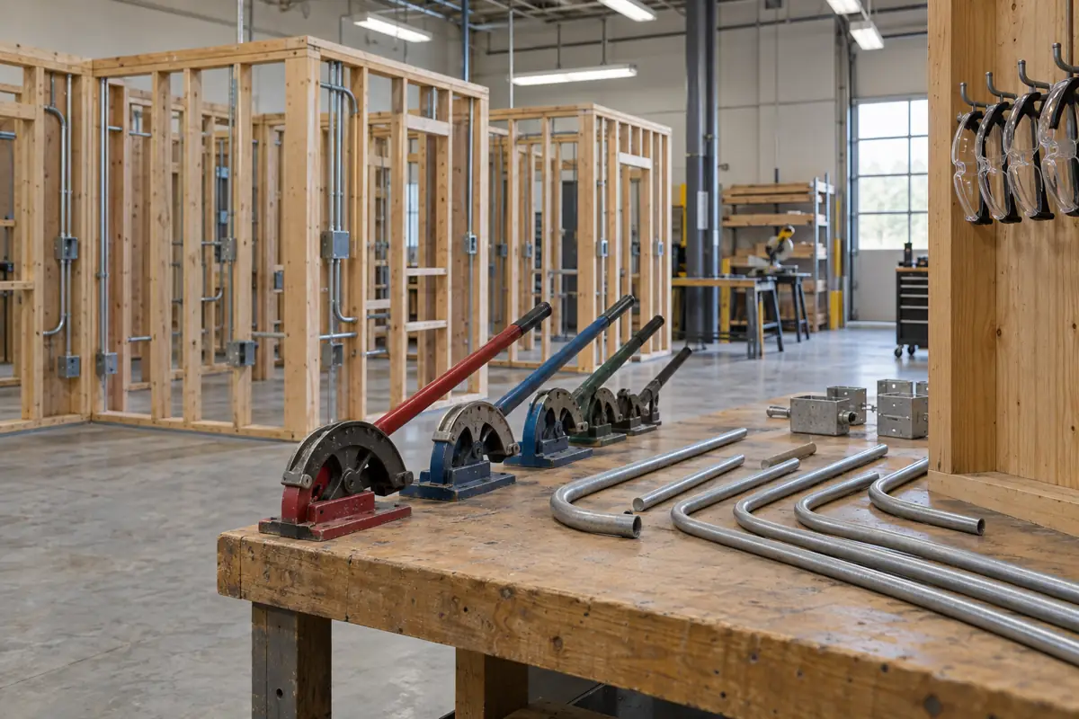 Empty training workshop with wall framing stations and conduit bending benches.