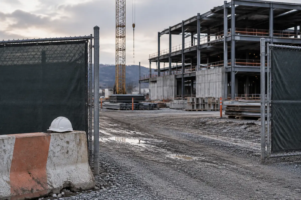 Construction site entrance gate with blank fence screening and a hard hat on a barrier.