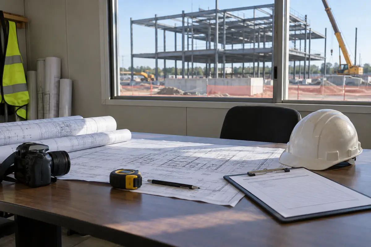 Site office table with construction plans, a camera and a hard hat, set up for a loan draw inspection.
