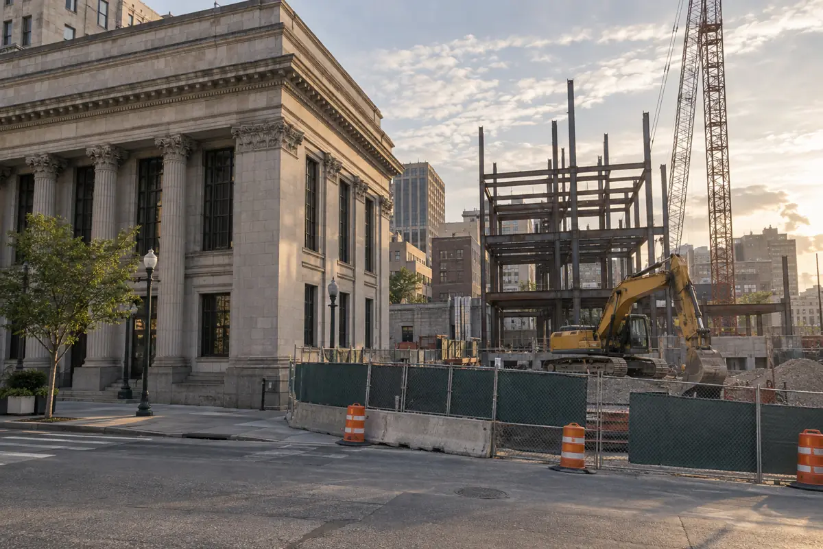 Stone bank-style building with columns next to an active construction site with a steel frame.