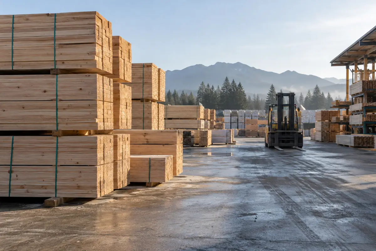 Stacked softwood lumber bundles in a yard