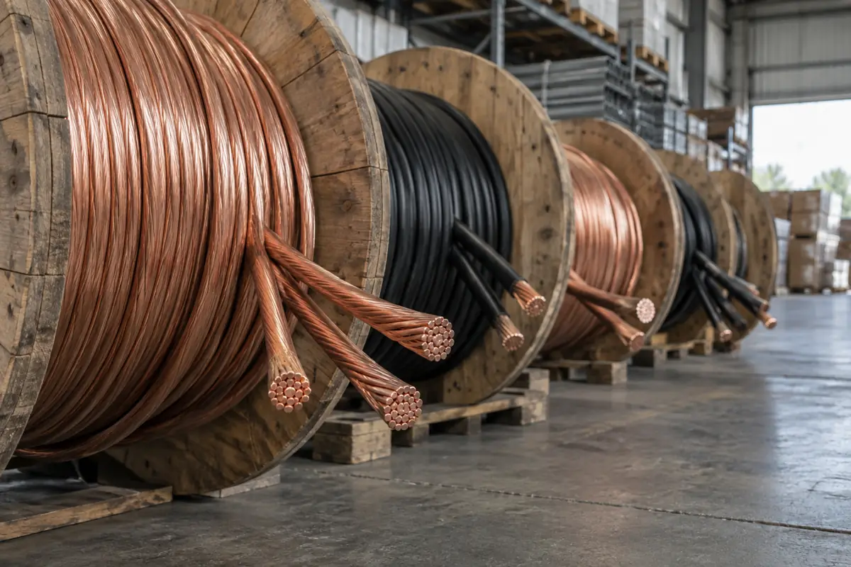 Reels of copper wire in a warehouse