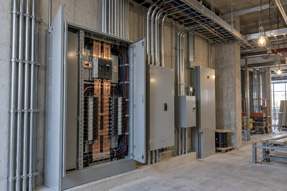 Open electrical distribution panel with conduit and cable trays in a commercial building core.