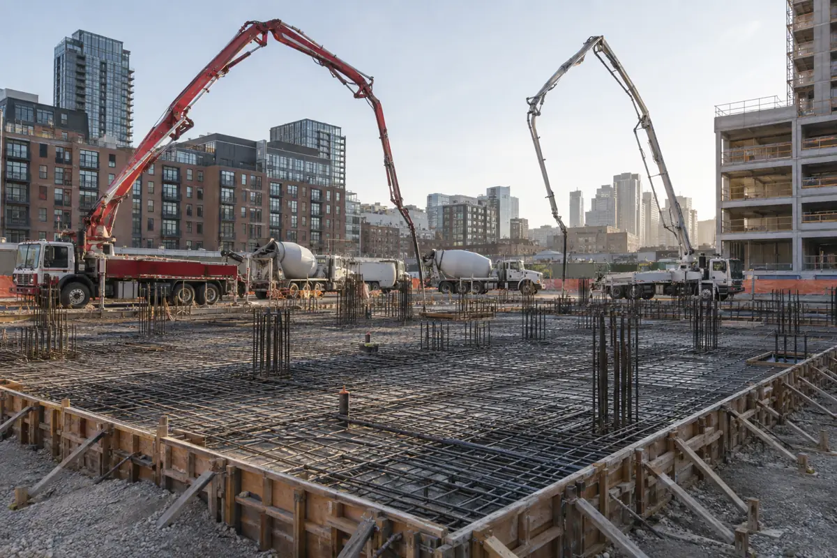 Concrete pump trucks with extended booms over a rebar mat during a large concrete pour on a city lot.
