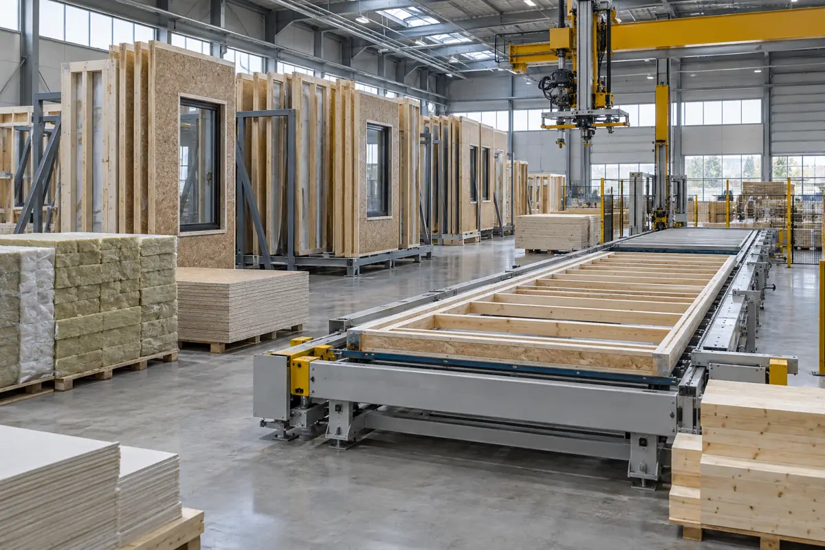 Prefabricated wall panels with window openings stored in racks inside an offsite construction factory.