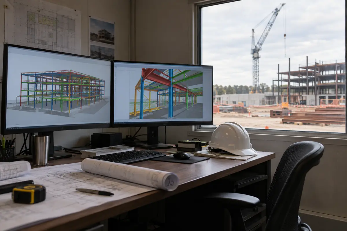 Site office desk with two monitors showing a colored 3D building model, with a construction site visible through the window.