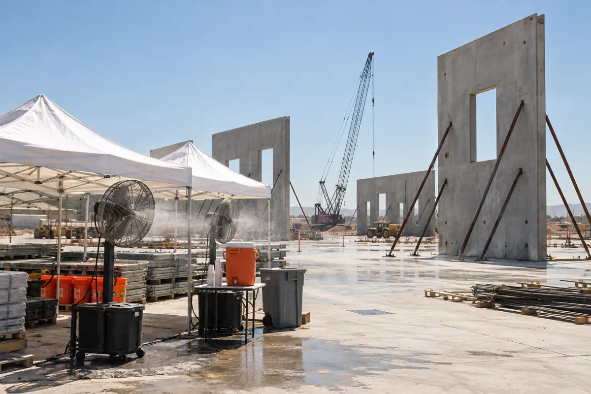 Summer commercial jobsite with shade tents and misting fans beside braced tilt-up walls.