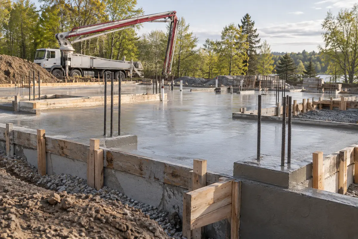 Freshly poured concrete foundation with formwork and rebar dowels on a spring jobsite.