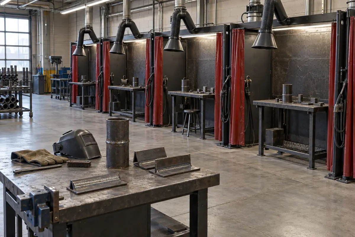 Empty apprenticeship training room with a row of welding booths and practice pipe joints.
