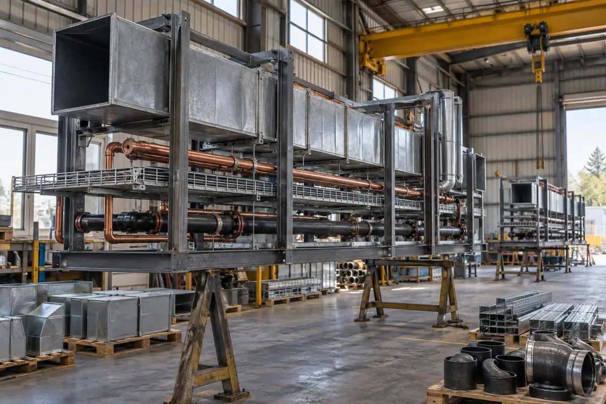 Prefabrication shop floor with steel MEP racks of ductwork, pipe and cable tray awaiting shipment.