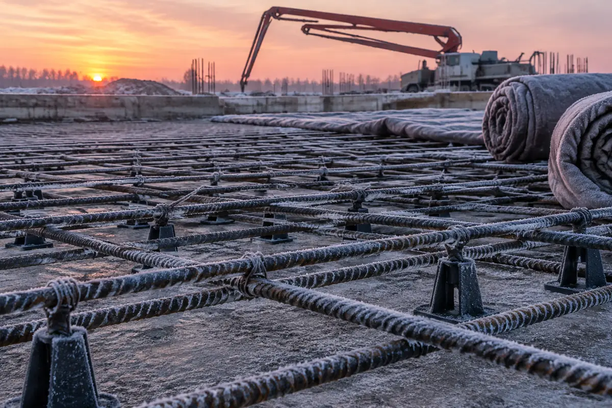 Frost on a tied rebar mat at dawn beside rolled insulated curing blankets.