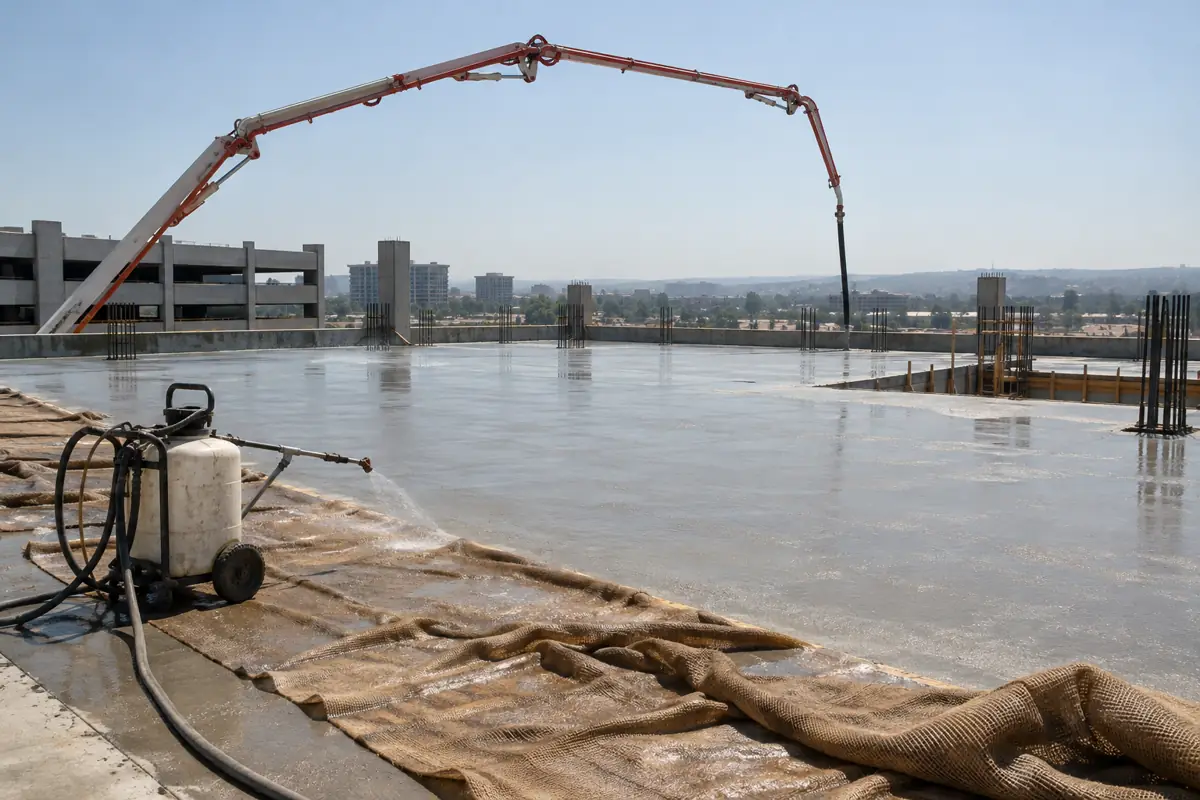 Heat shimmer rising over a freshly placed parking deck slab with a pump boom and curing materials.